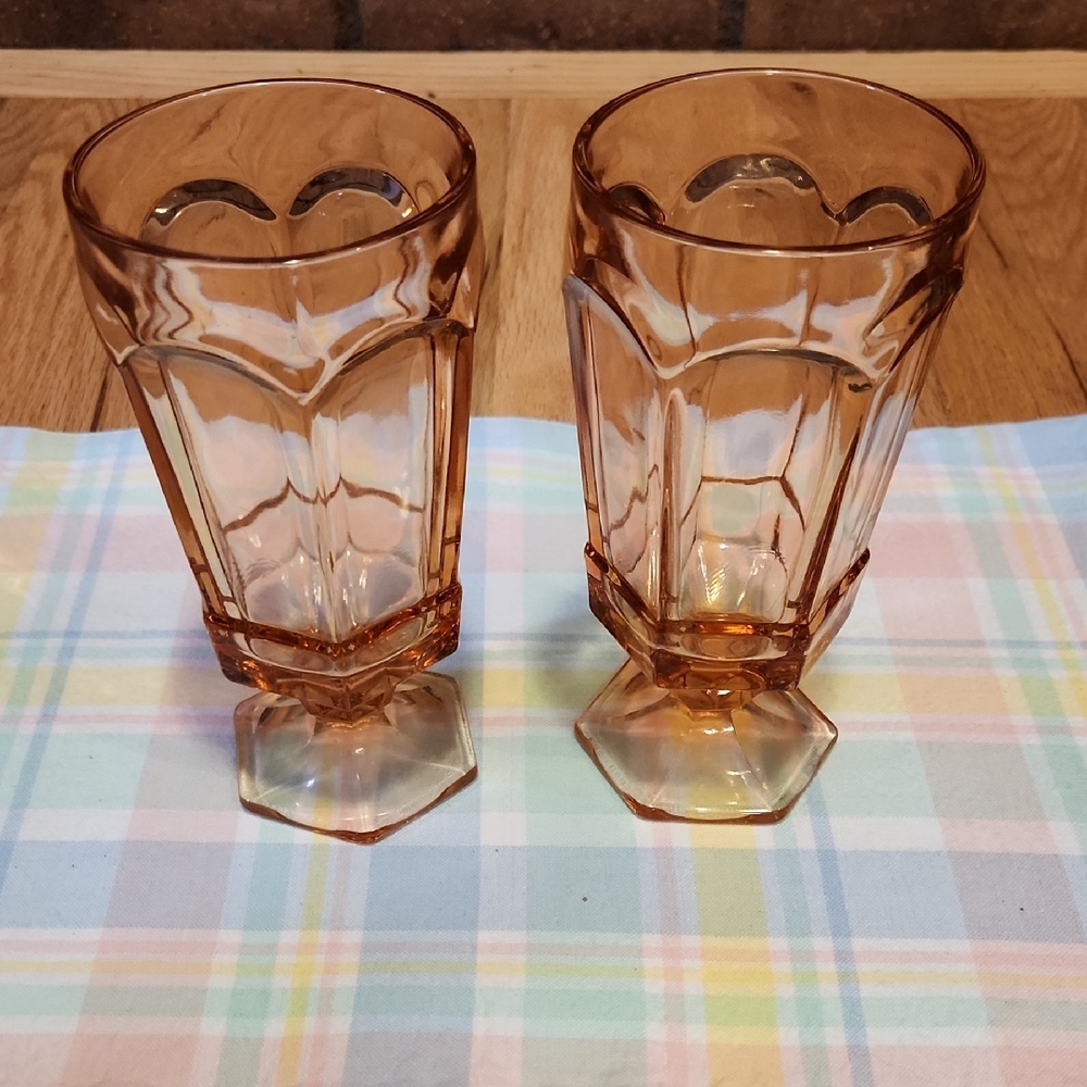 Fostoria Virginia Peach Iced Tea Glasses Vintage Hexagon Base Set Of 2 Pink